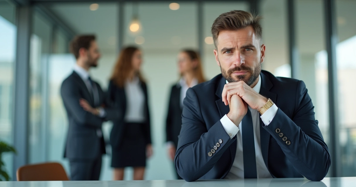Líder refletindo sobre decisão ética com equipe ao fundo 