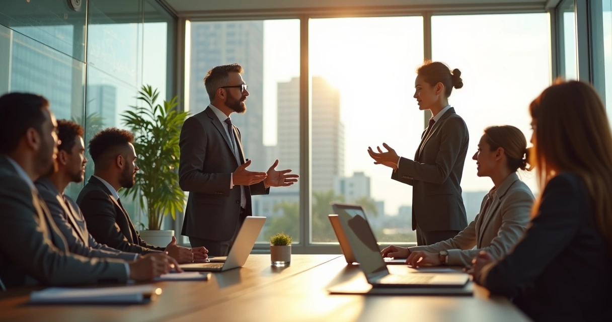 Executivo liderando reunião de equipe, gesticulando enquanto membros escutam atentos 