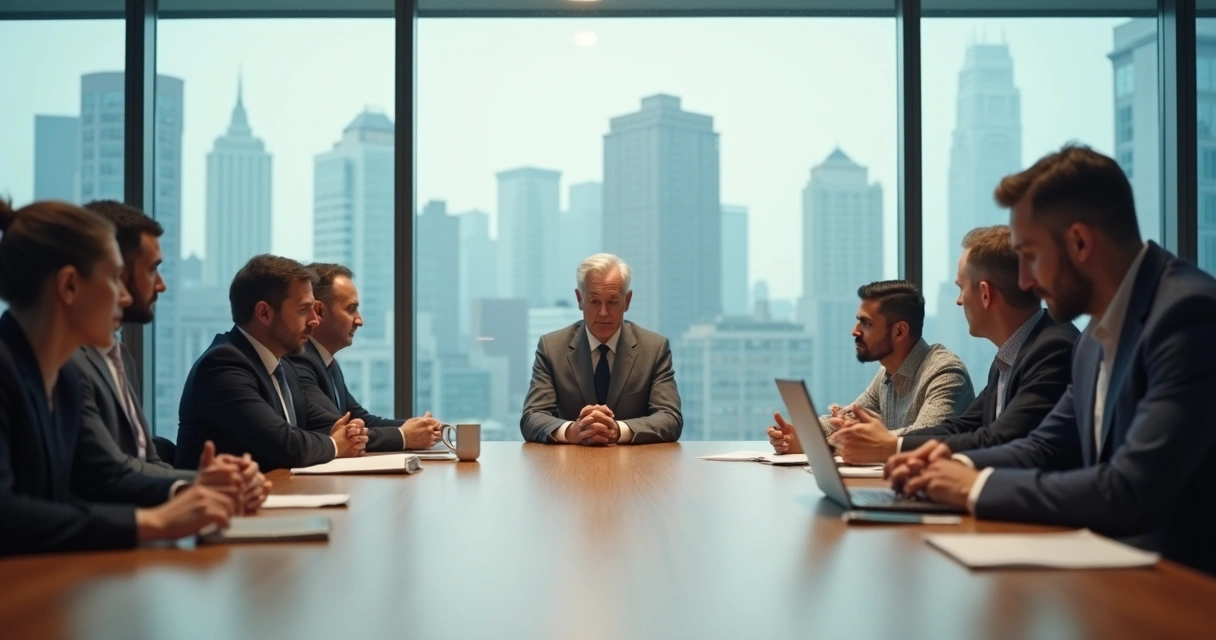 Líder em reunião refletindo em silêncio enquanto a equipe aguarda 