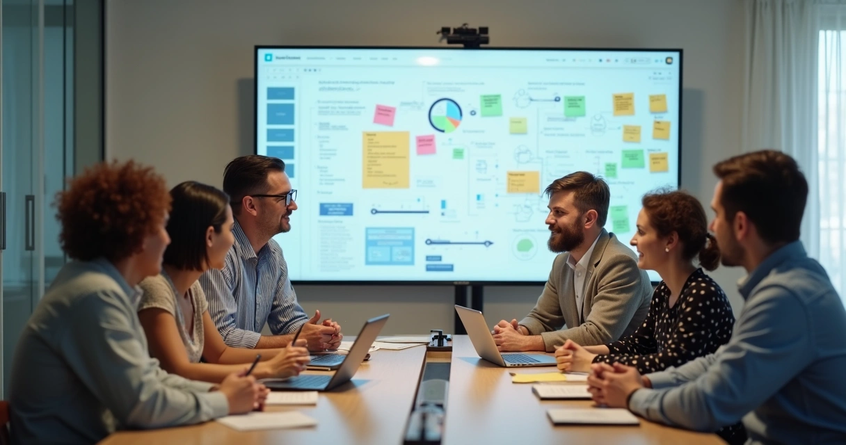 Equipe em reunião, debatendo ideias juntos. 