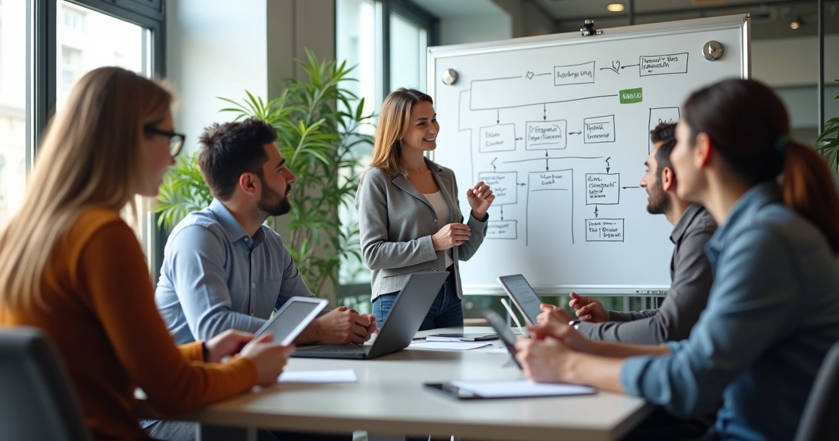 Líder orientando equipe em reunião, quadro branco com fluxos mapeados, ambiente corporativo aberto 
