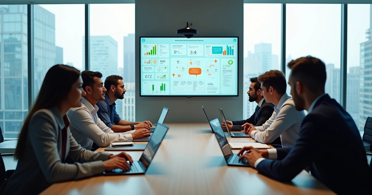 Equipe de gestão em reunião colaborativa em escritório moderno 