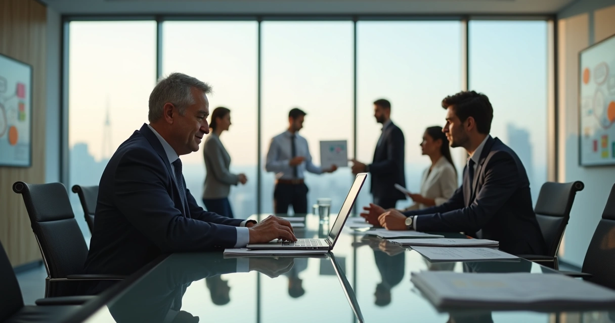 Gestor isolado em sala de reunião enquanto equipe se reúne afastada 