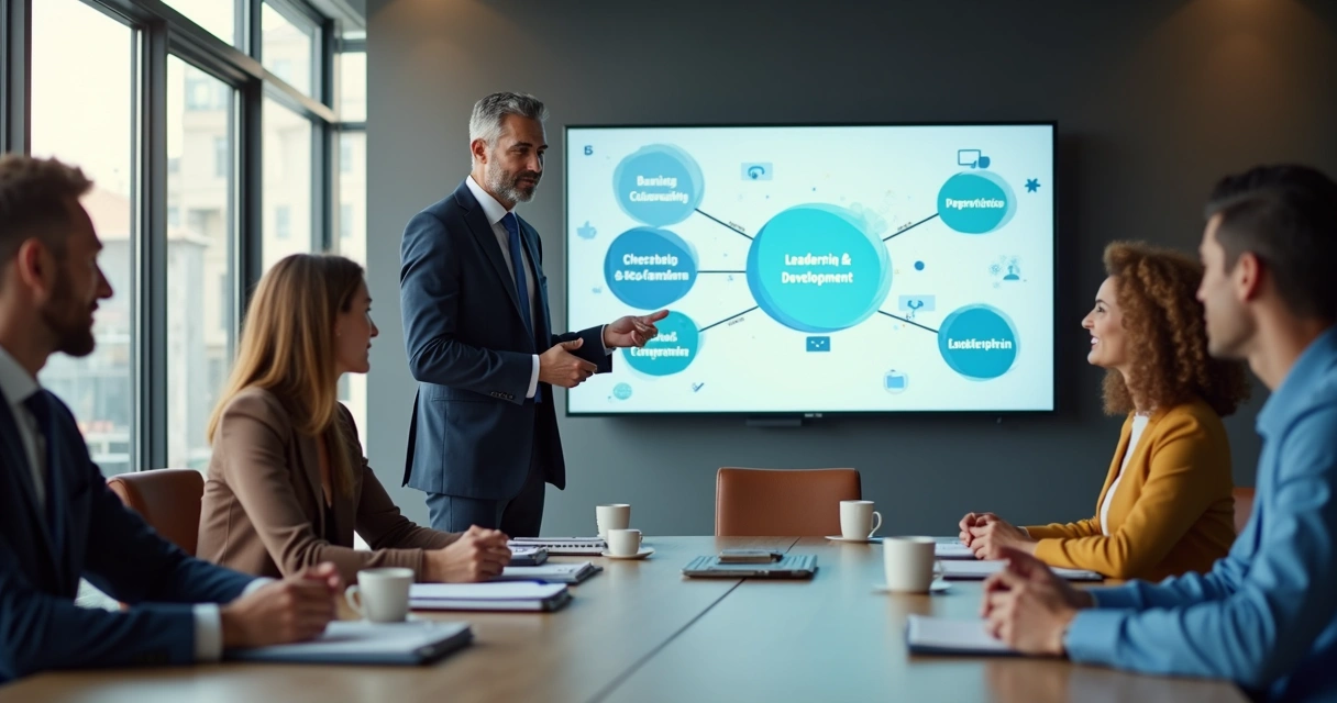 Líder corporativo orientando time em ambiente de aprendizagem 