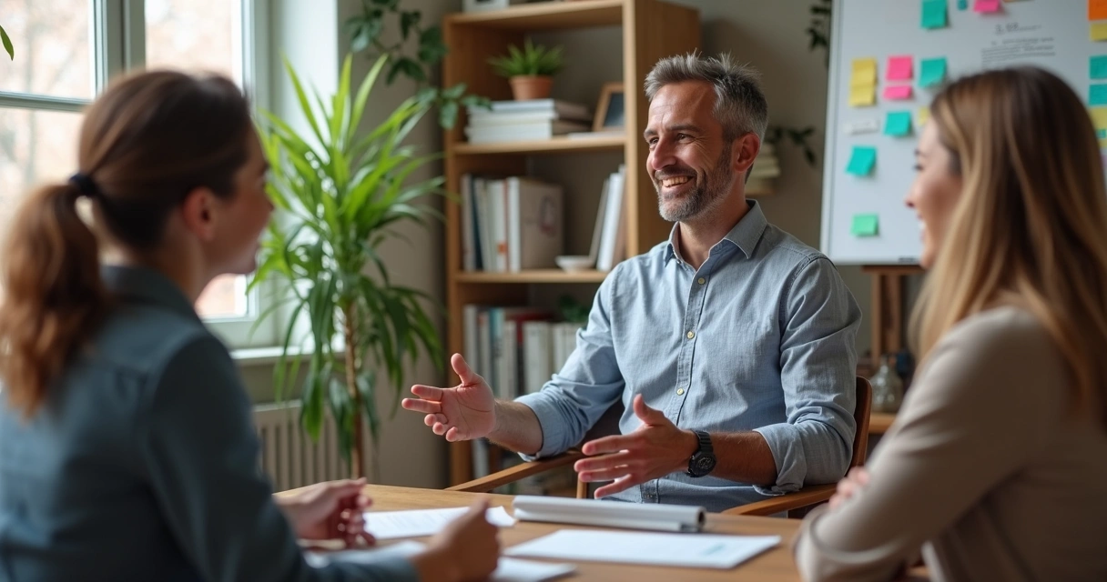 Líder conversando com equipe, gerando confiança em ambiente organizacional