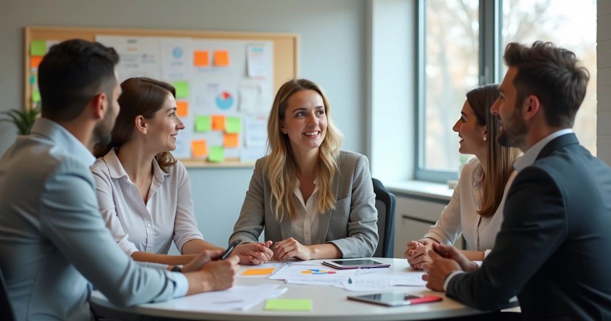Líder e equipe conversando de maneira aberta em ambiente de trabalho 
