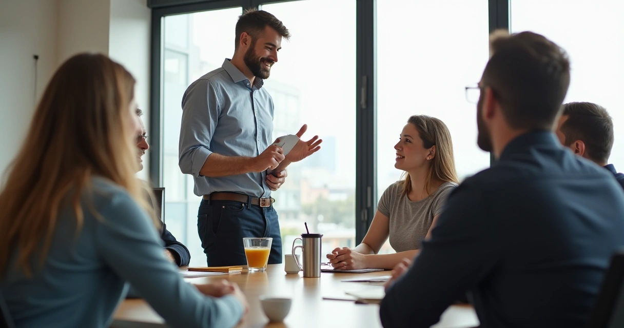 Líder de equipe facilitando o diálogo em reunião, todos olhando atentos, sensação de colaboração e abertura