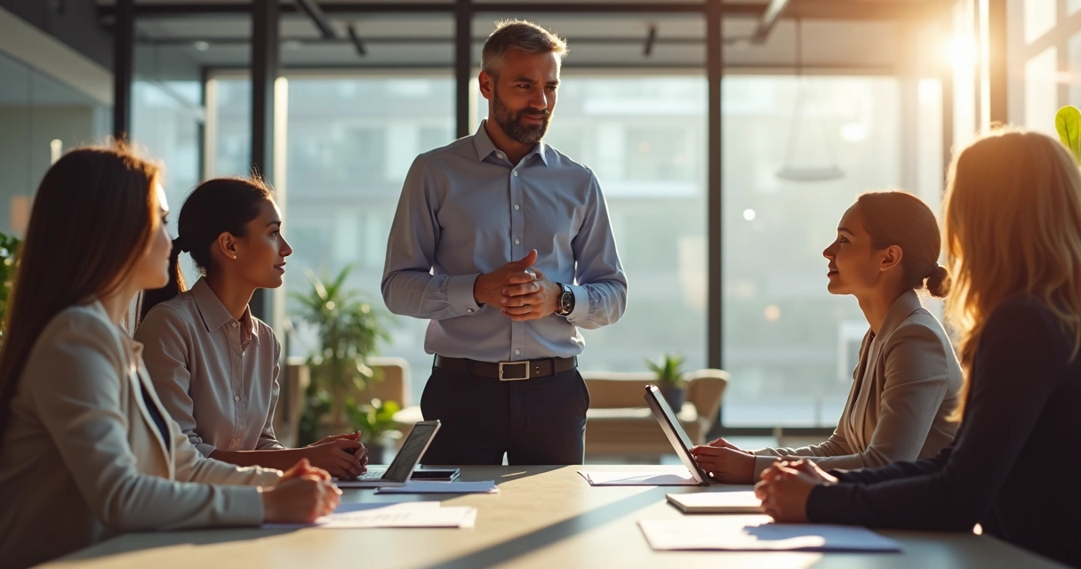 Líder conversando de forma colaborativa com colegas em ambiente de trabalho moderno 