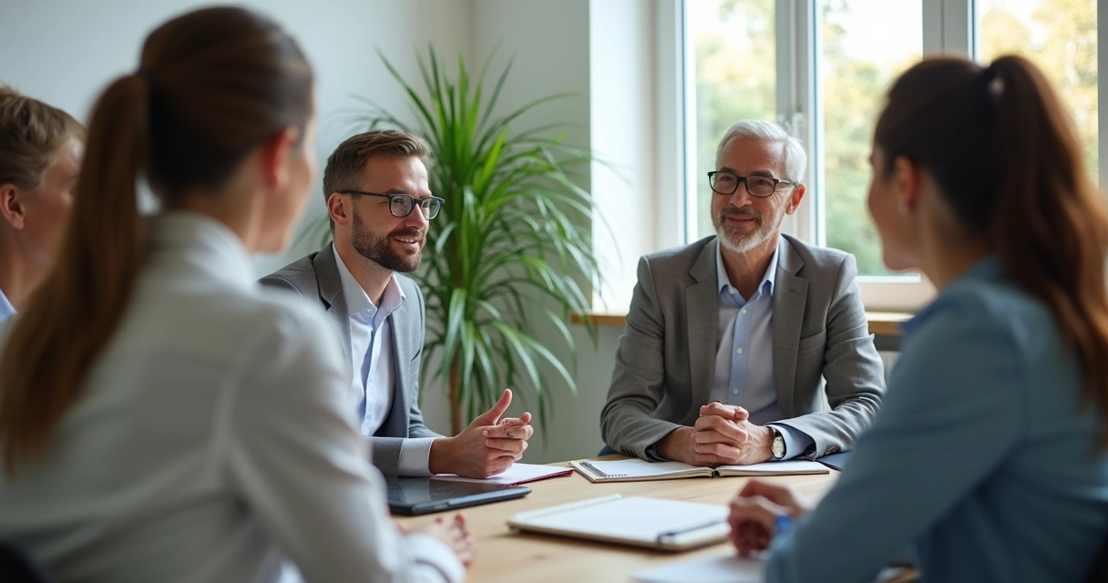 Grupo diverso sentado em círculo em uma sala clara, com líder escutando ativamente e sorrindo levemente. 