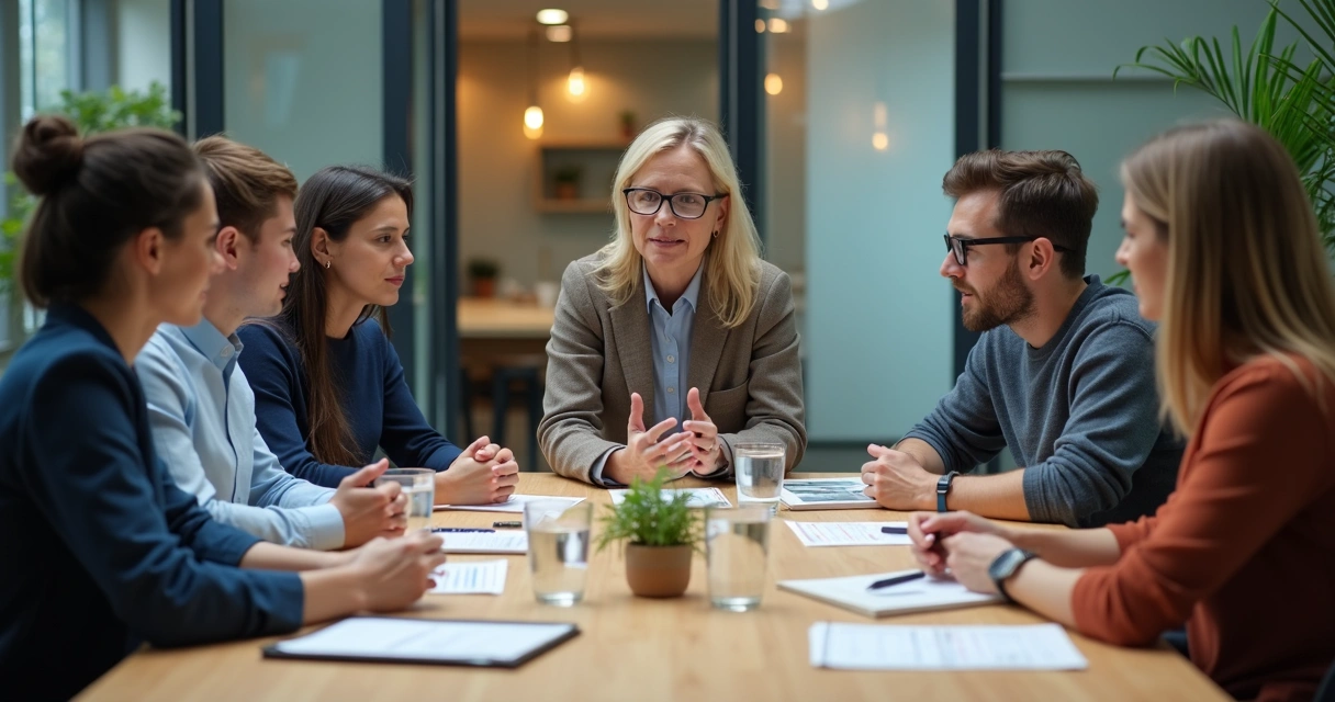 Liderança conduzindo conversa consciente com equipe diversa