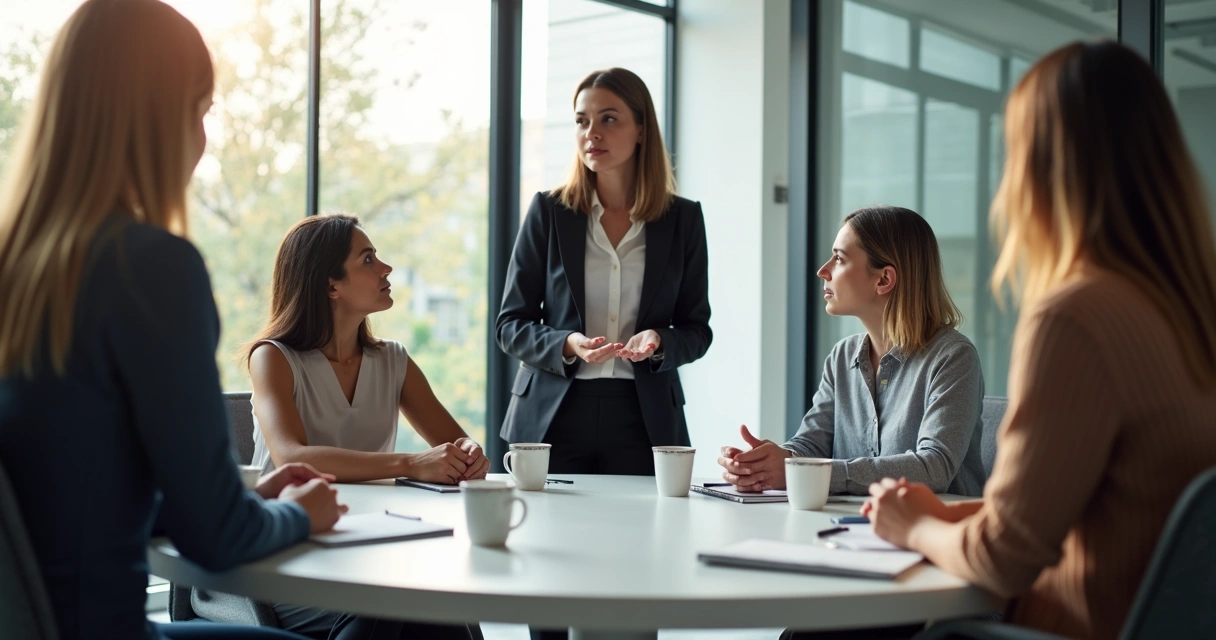 Liderança conduzindo conversa respeitosa com equipe
