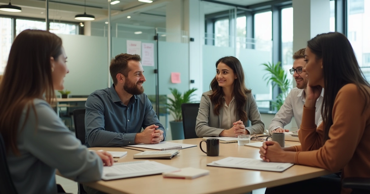 Liderança em conversa respeitosa com equipe diversa no escritório 