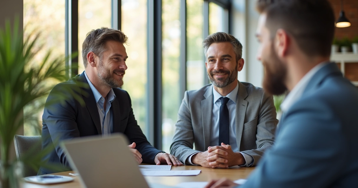 Dois líderes conversando com funcionário, ambiente amigável