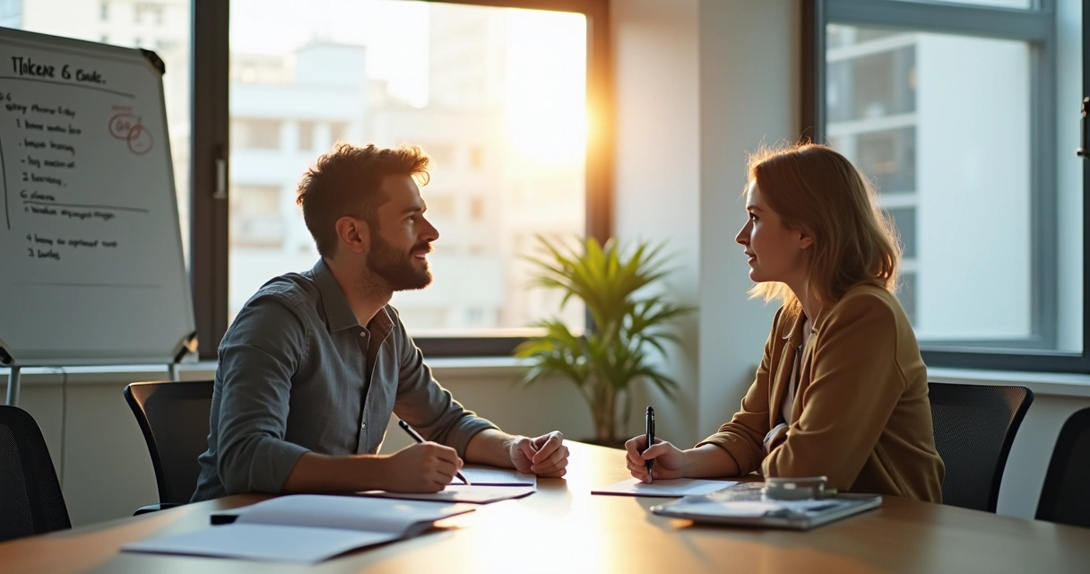Líder escutando colaborador em sala de reunião