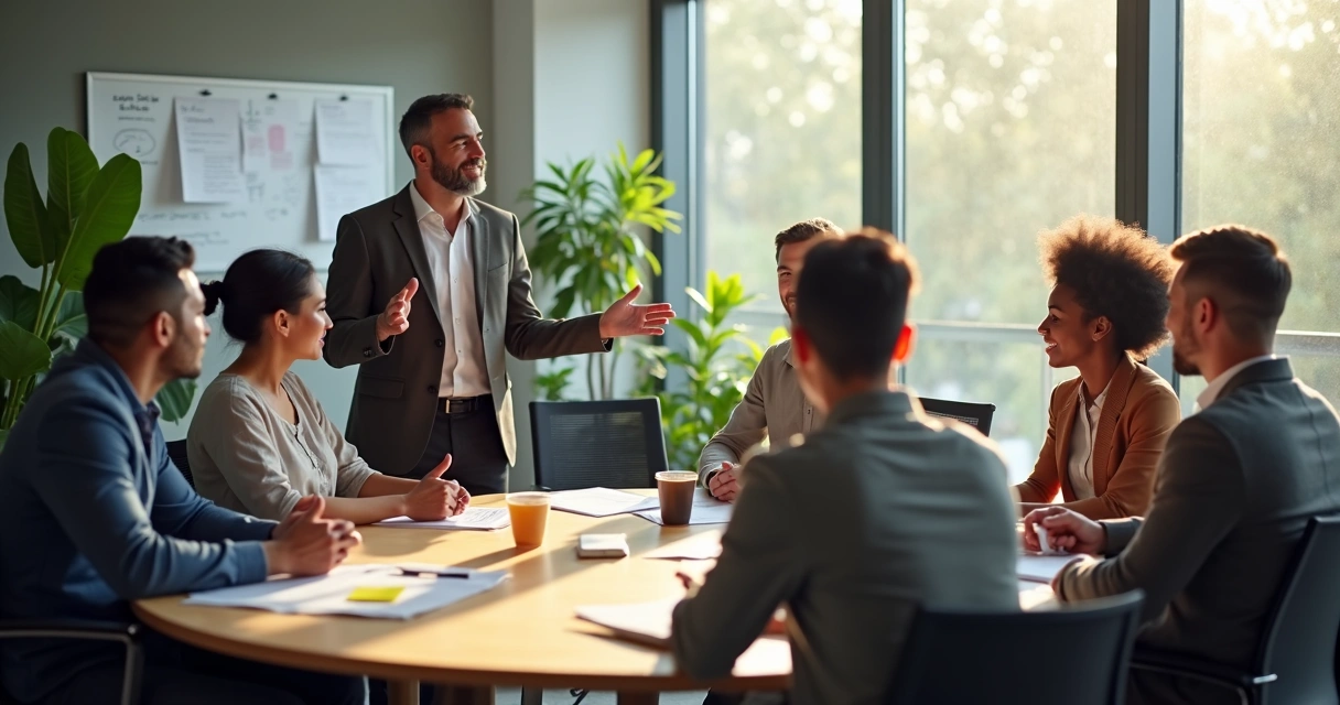 Liderança em diálogo aberto com equipe no escritório