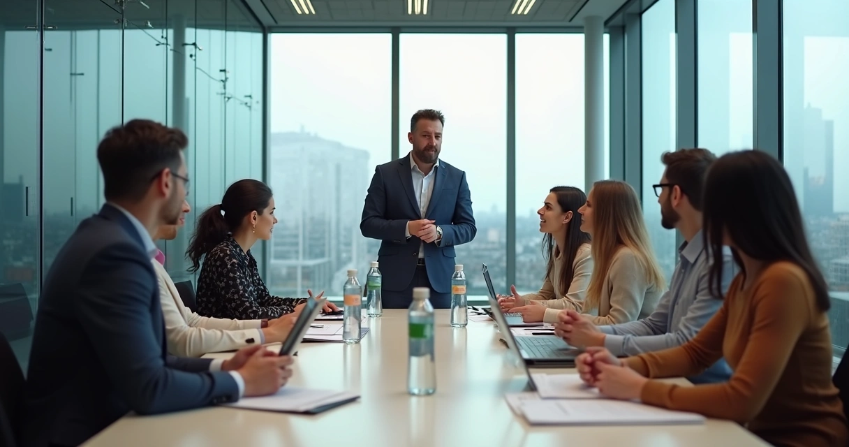 Grupo de liderados em diálogo com o líder em uma mesa de reunião 
