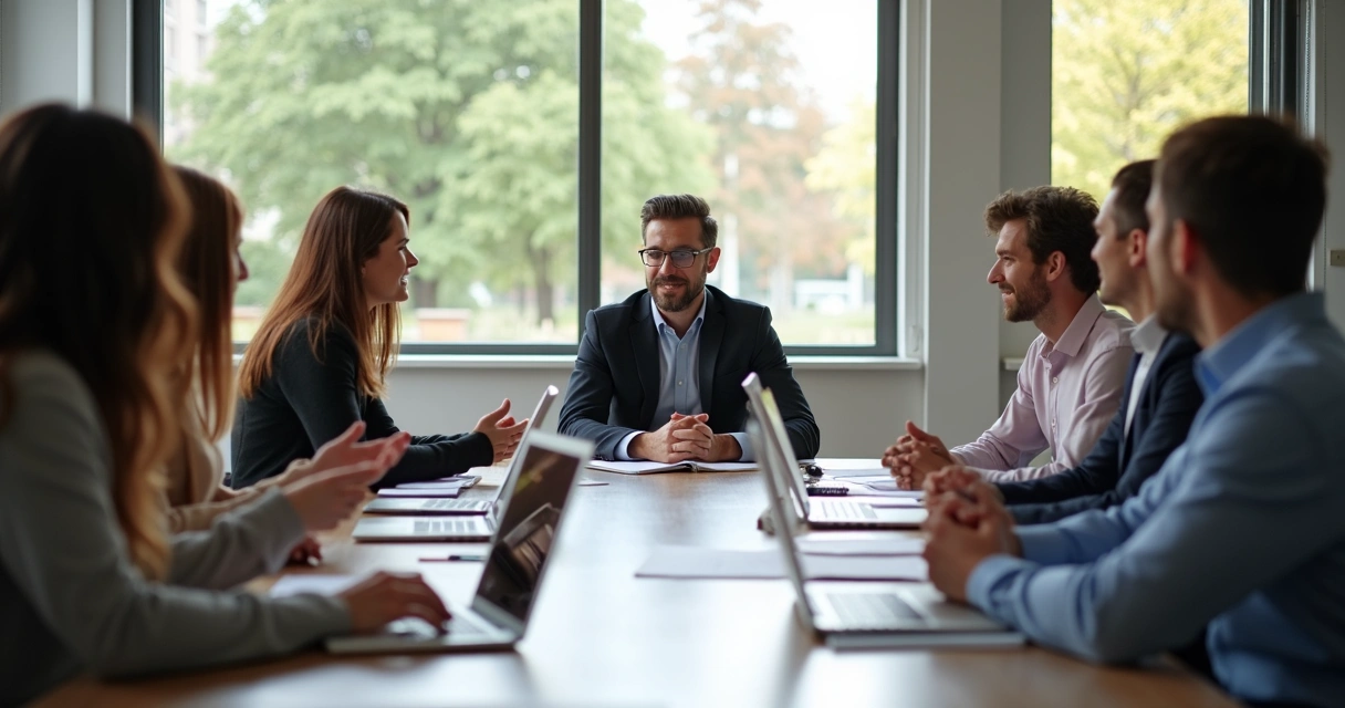 Líder conversando com equipe ao redor de mesa de trabalho 