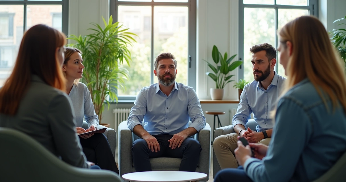 Grupo de profissionais em círculo conversando ativamente em uma sala de escritório iluminada 