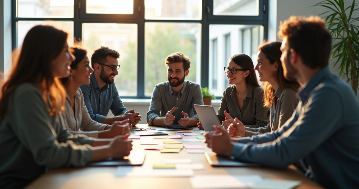 Equipe em reunião ouvindo o líder falar em círculo