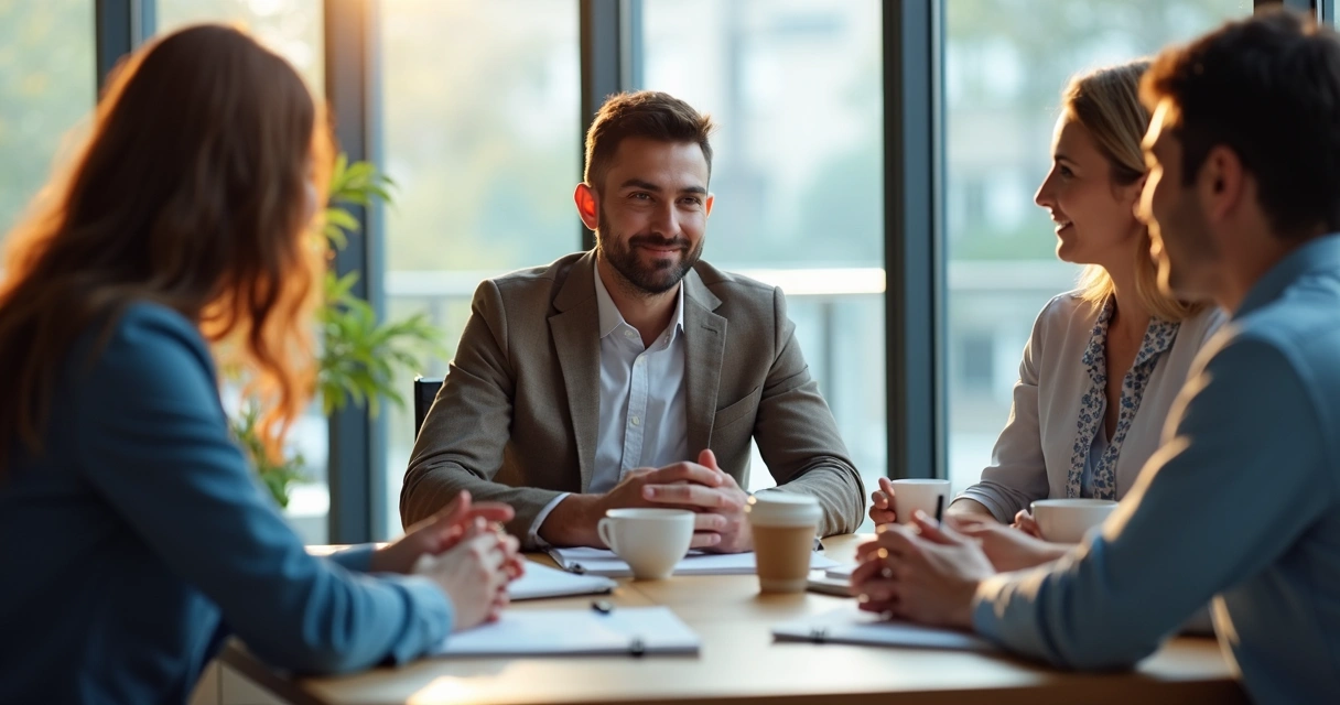 Liderança conversando com equipe em ambiente profissional 
