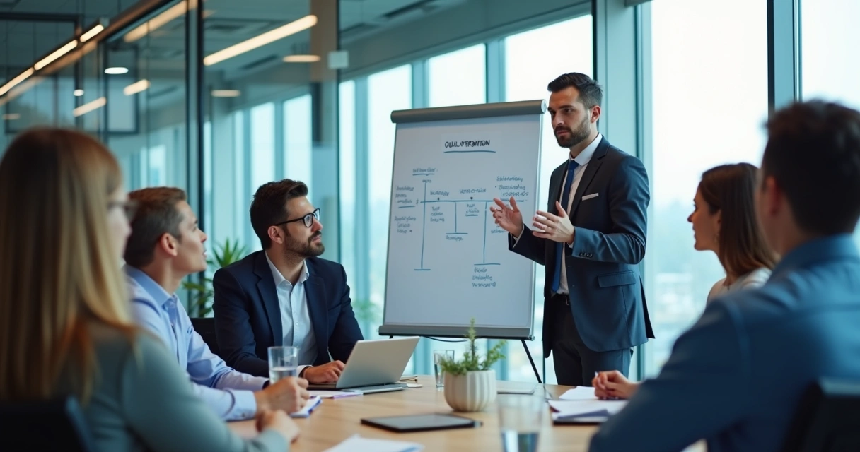 Líder conversando com equipe durante integração empresarial