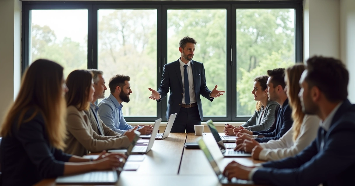 Líder coordenando diálogo ético com equipe em mesa de reunião 