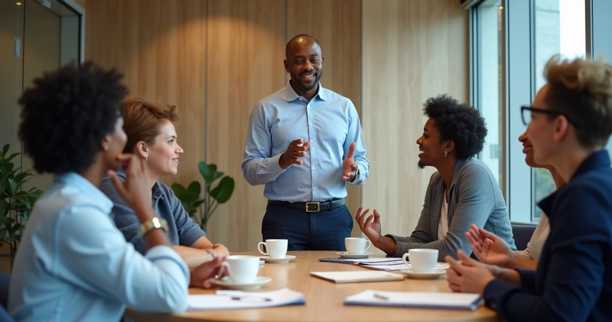 Liderança conversando com equipe sobre mudança institucional 