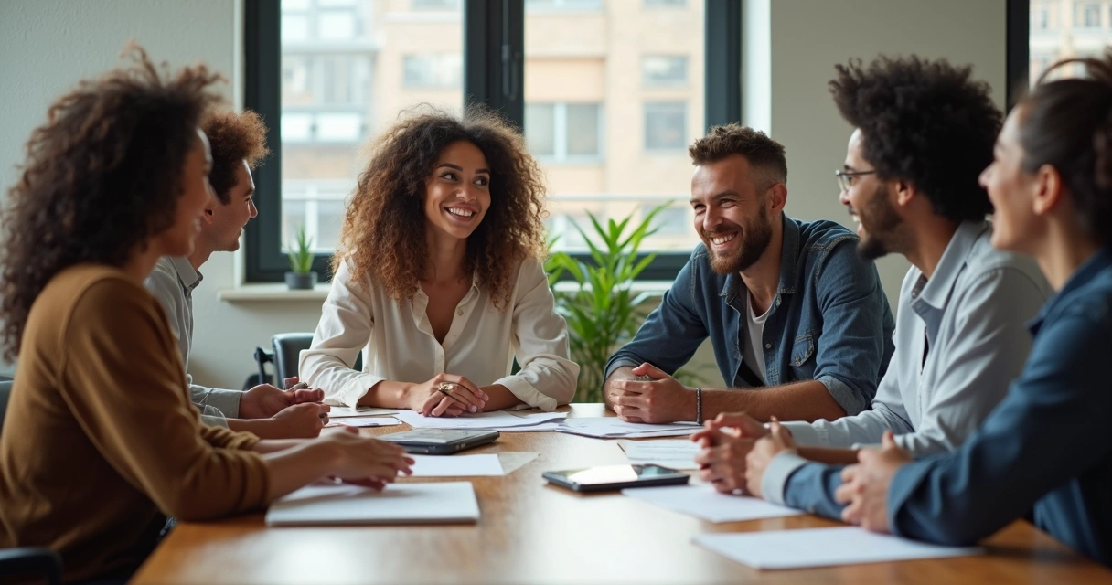 Grupo diverso reunido ao redor de mesa de trabalho, sorrindo e dialogando de forma harmoniosa 