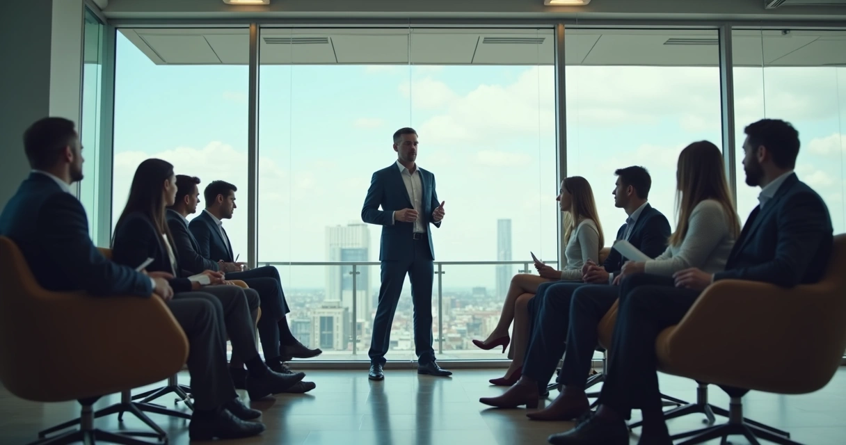 Liderança conversando com equipe em ambiente corporativo claro 