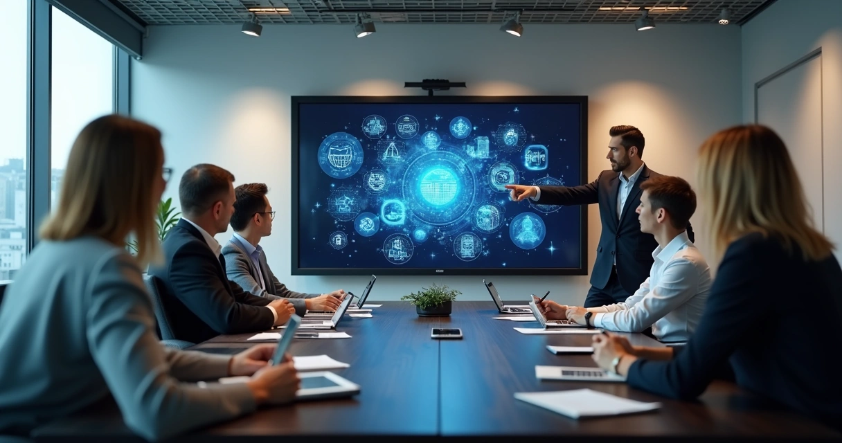 Líder moderno orientando equipe sobre transformação digital 