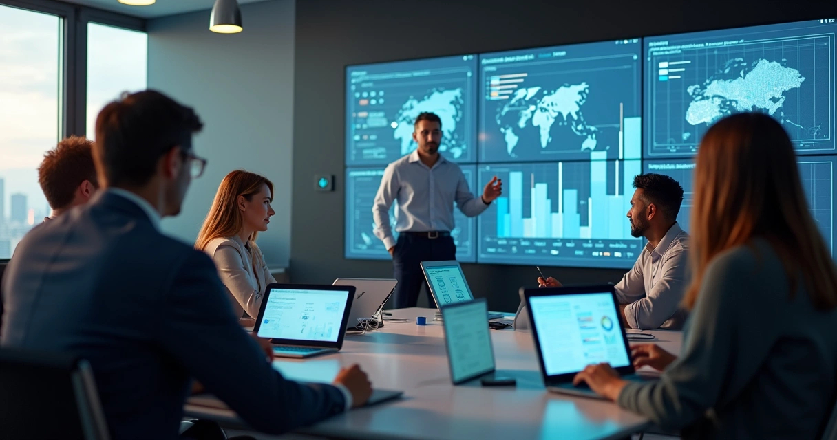 Equipe multicultural em conferência virtual, com gráficos digitais ao fundo