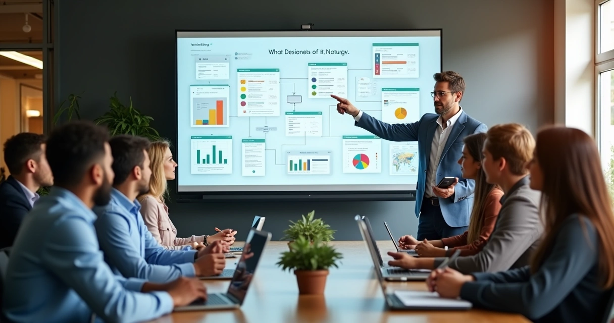 Pessoa liderando equipe inspirada, todos olhando para tela digital interativa 