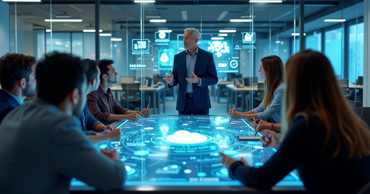 Líder apresentando estratégia digital para equipe reunida em sala moderna