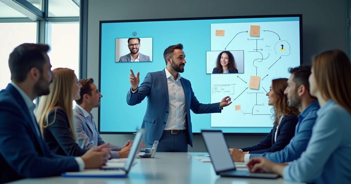 Mentor orientando equipe em videoconferência.