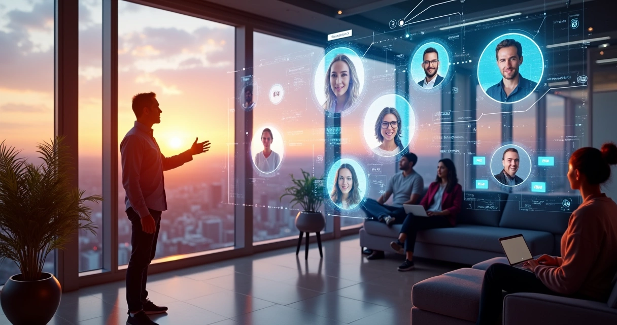 Líder conduzindo equipe global conectada por interfaces digitais futuristas 