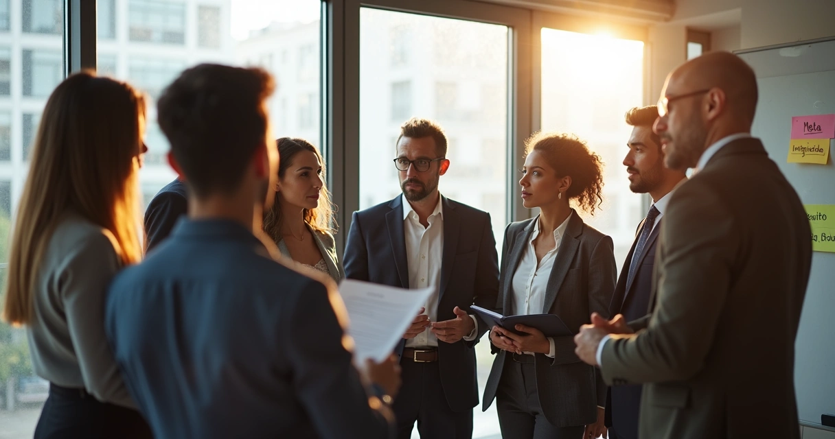 Gestor rodeado por equipe discutindo um dilema ético 