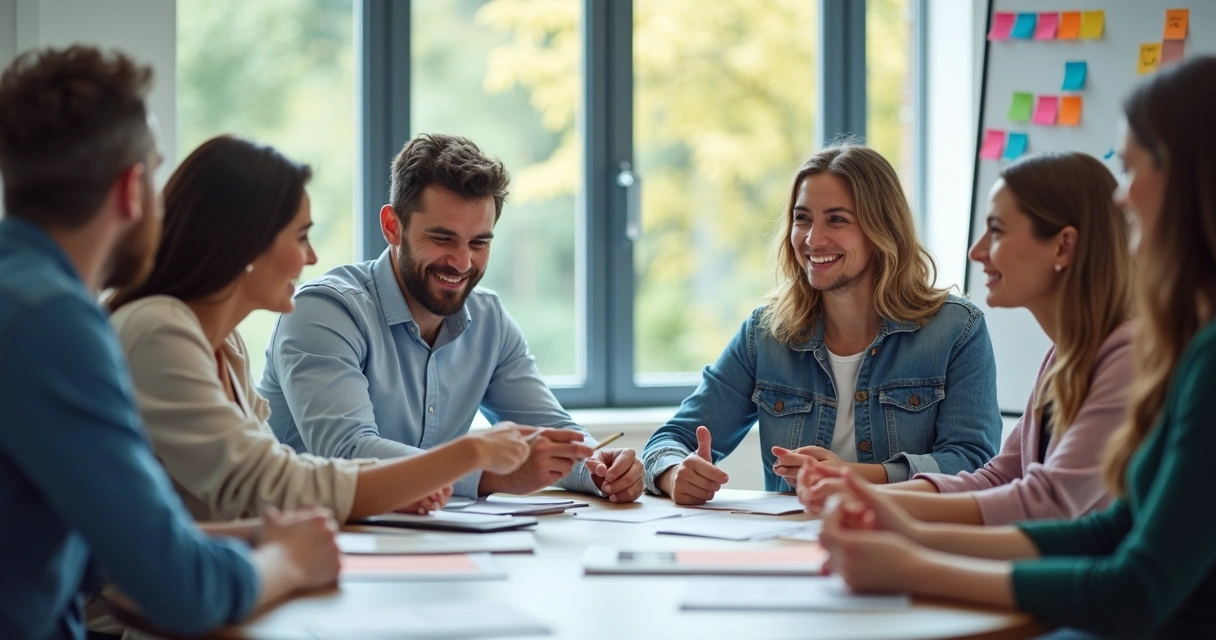 Líder participando de dinâmica sistêmica com equipe em sala de reunião 