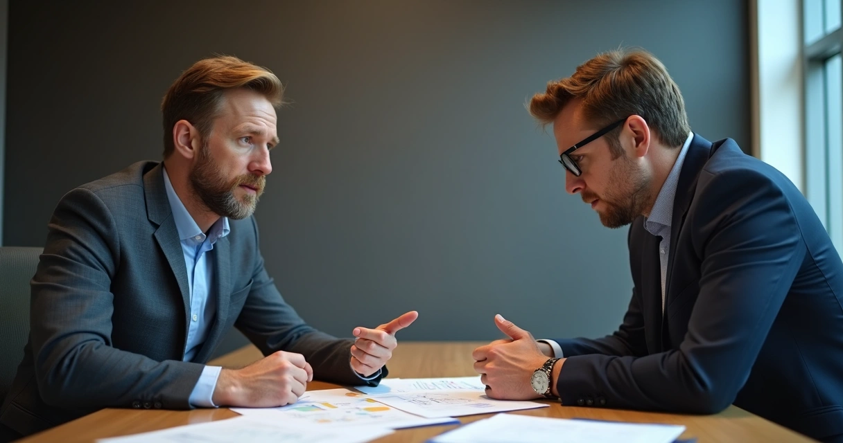 Líder conversando individualmente com colaborador em ambiente profissional, atmosfera de tensão controlada. 
