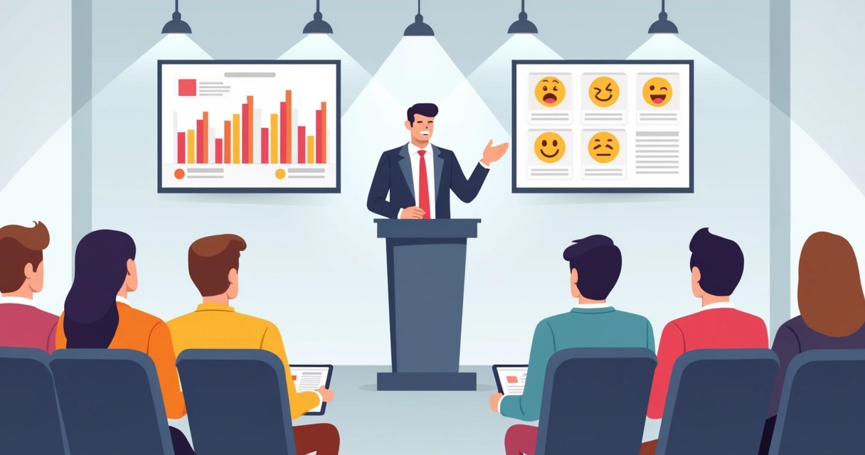 Liderança discursando com equipe monitorando reações em tempo real