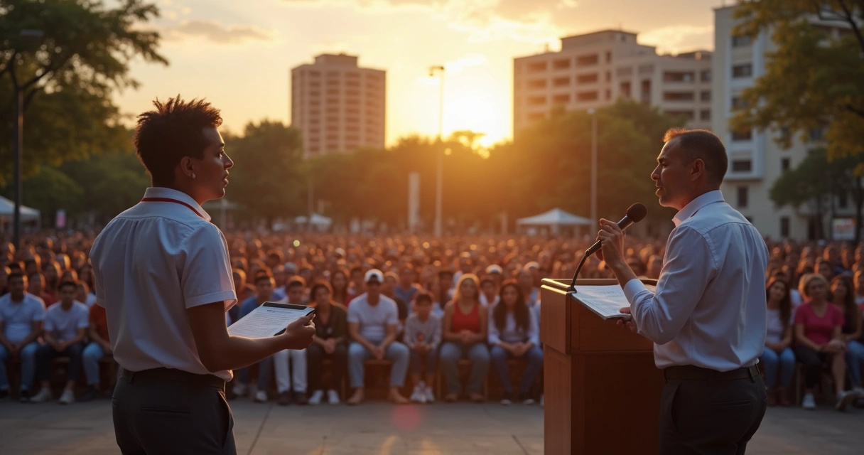 Liderança em discurso público diante de apoiadores 