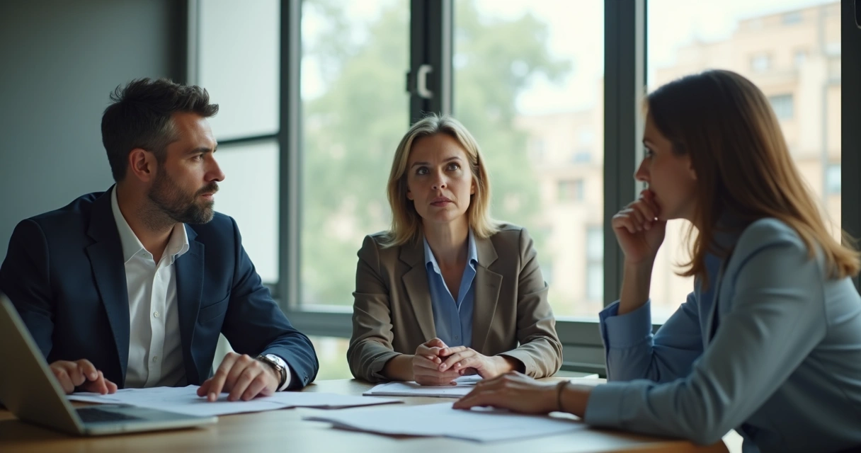 Duas pessoas em reunião empresarial debatendo com expressão de dúvida e confusão, cenário de escritório moderno 
