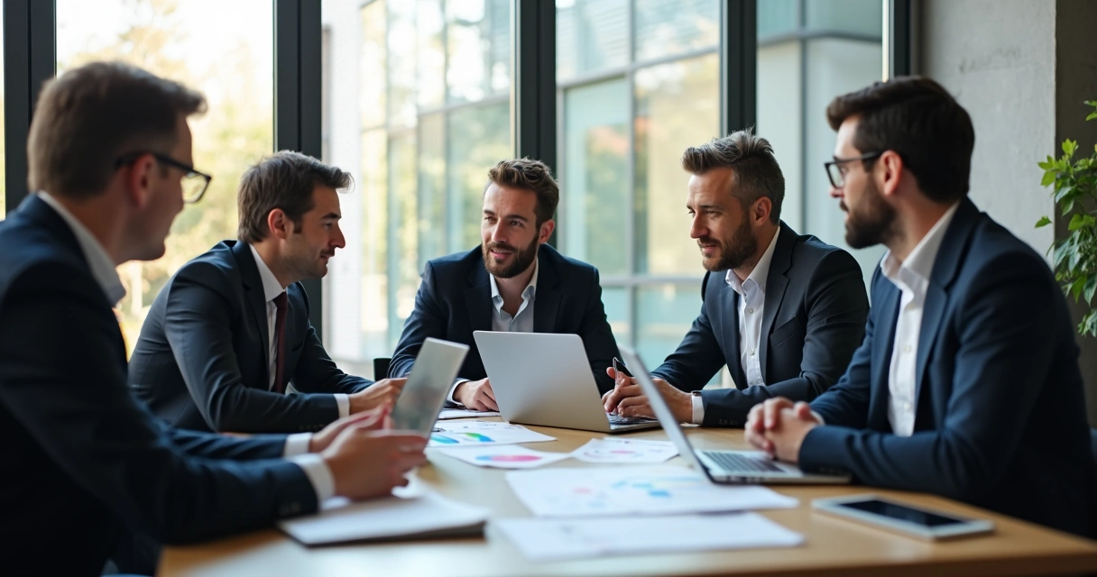 Equipe de liderança discutindo estratégia em torno de uma mesa, com gráficos e laptops 