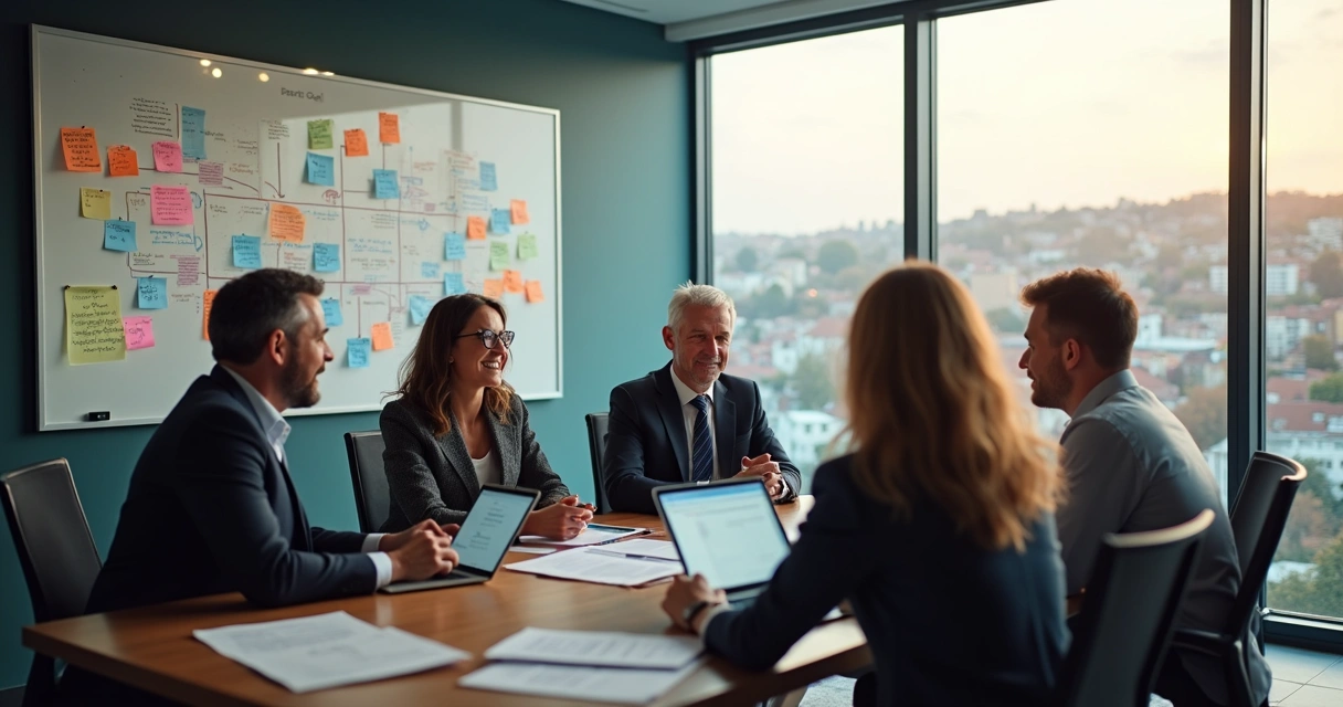 Prefeito e equipe discutindo ideias em ambiente de trabalho moderno