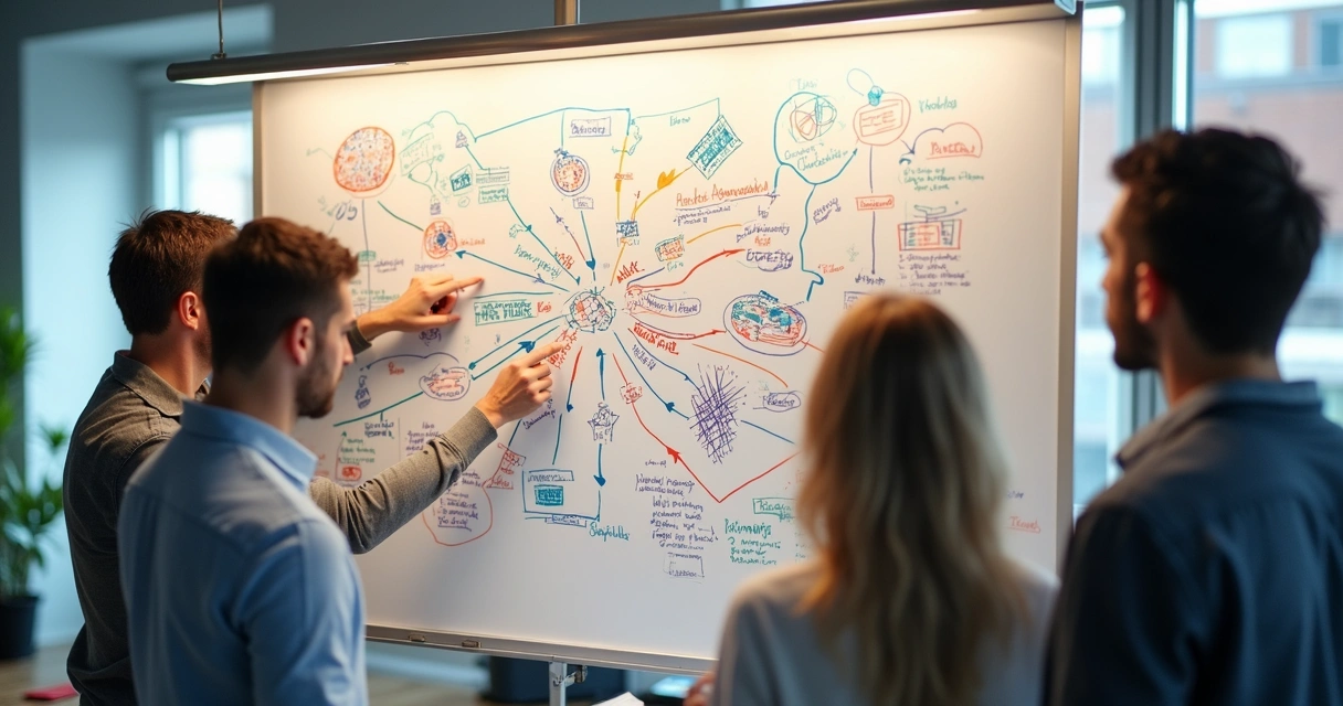 Pessoas trocando ideias em quadro branco com desenhos de conexões e metas 