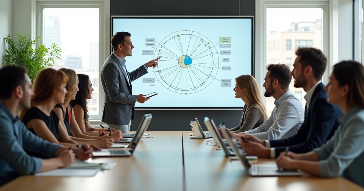 Líder facilitador em reunião colaborativa com equipe diversa em círculo 