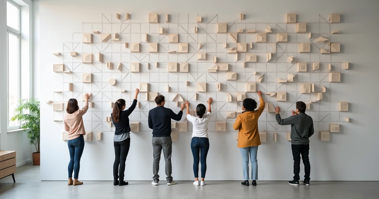 Equipe ajustando quadros interligados em parede ilustrando liderança distributiva 