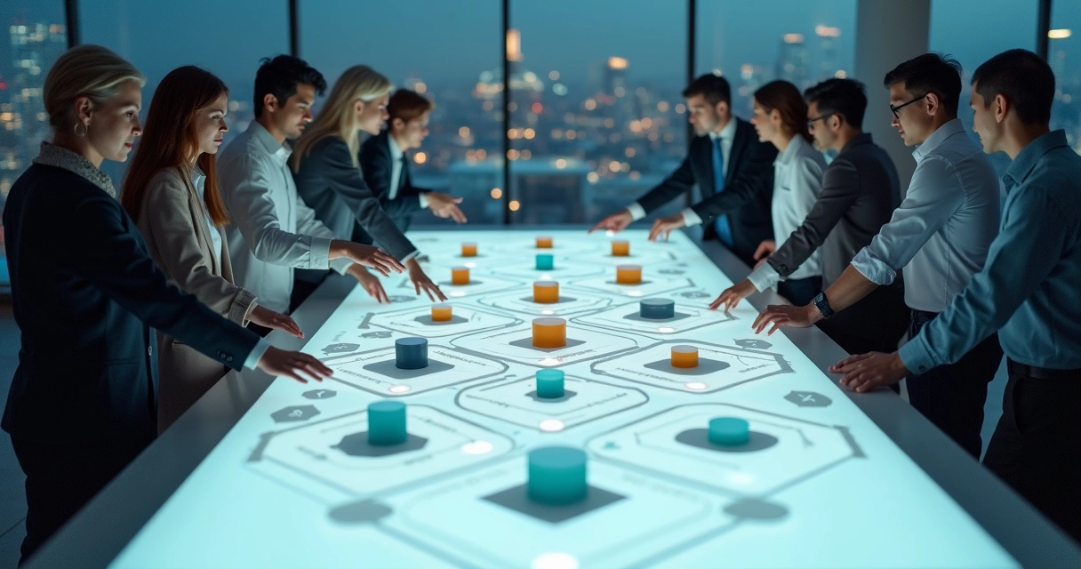 Equipe diversa movendo peças juntas em grande tabuleiro iluminado 