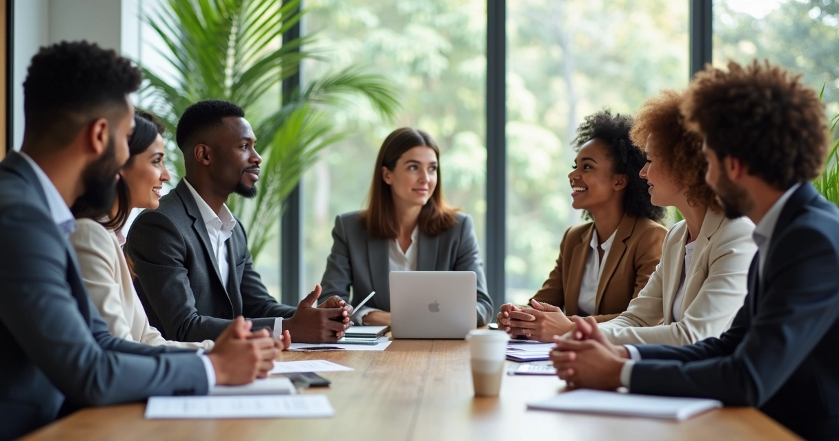 Grupo diverso de pessoas em reunião de liderança, representando inclusão