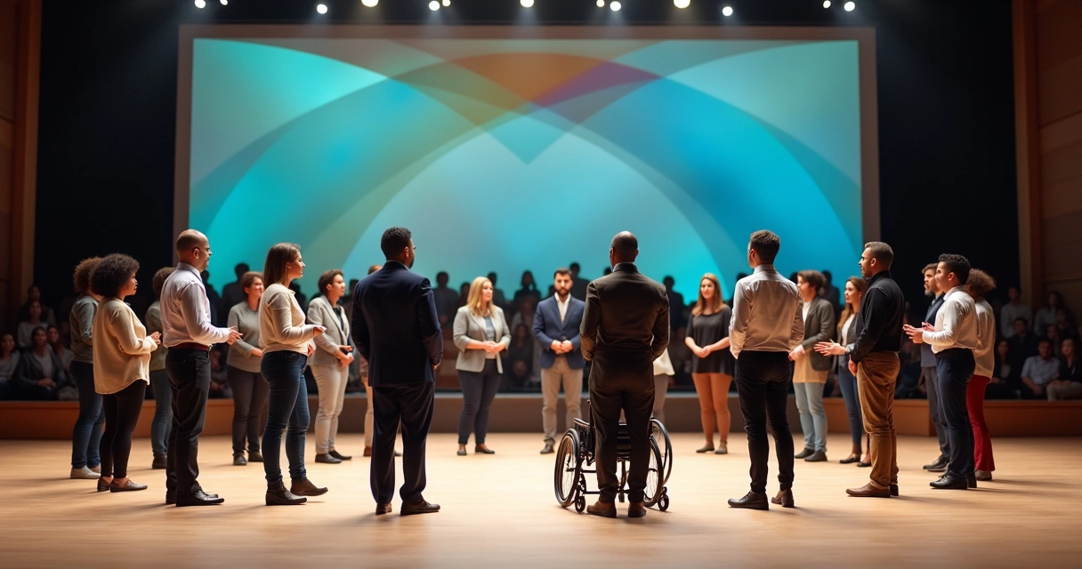Grupo diverso de líderes em pé em um palco aberto em formato de círculo 