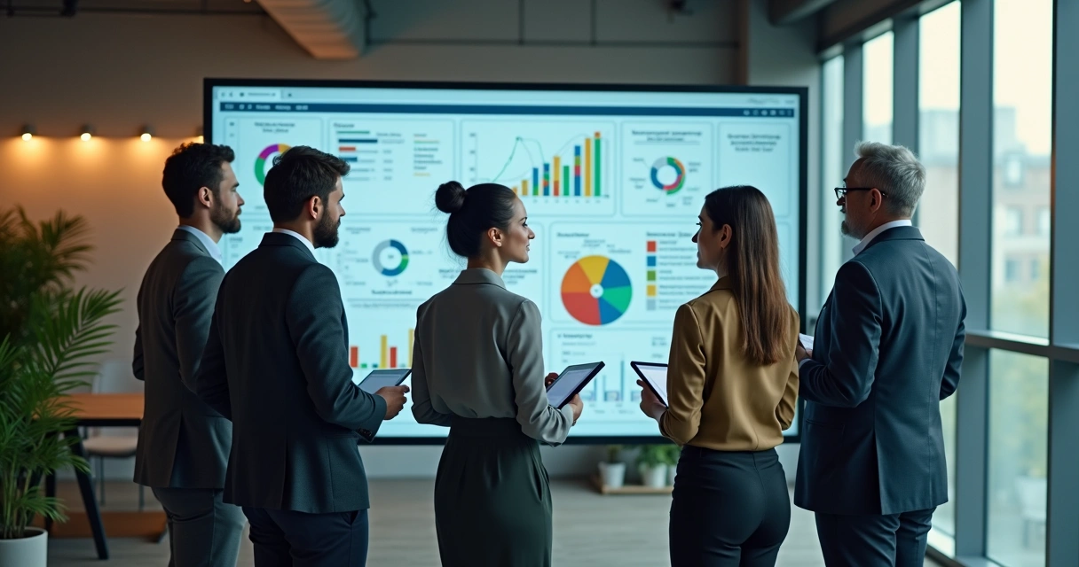 Grupo de lideranças diversas em escritório analisando indicadores 